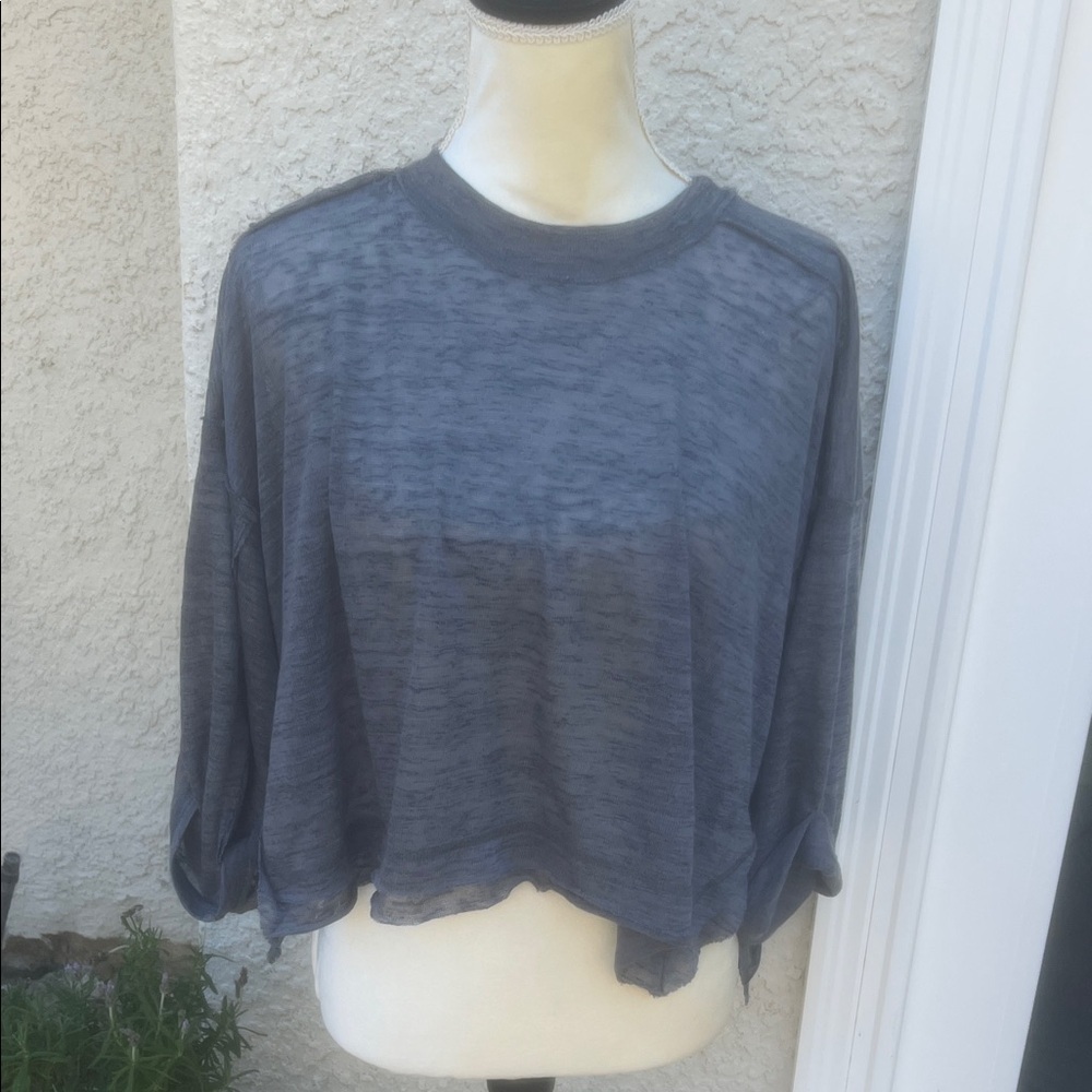 Grade & Gather Blue Distress Burnout Cuff Sleeve Cropped Shirt Women's Size S